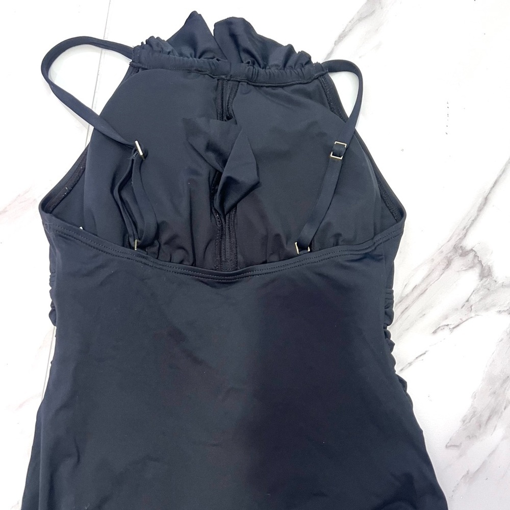 DKNY Black Classic One Piece halter swimsuit ruffle front‎ detail 6 - Picture 6 of 9